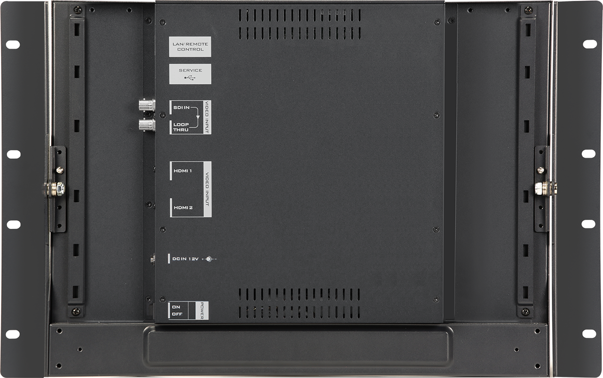 Stražnja ploča Datavideo TLM-170LR s SDI ulazom i prolaznim izlazom, dva HDMI ulaza i priključkom napajanja od 12 V