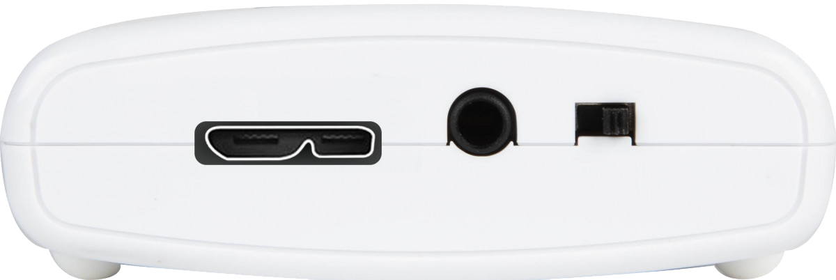 Priključna strana uređaja Datavideo CAP-1 s USB-om, vanjskim audio ulazom i prekidačem