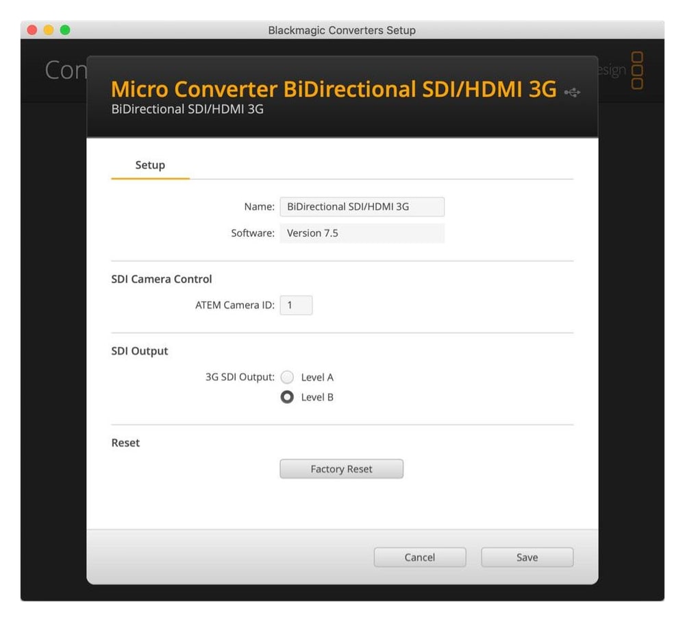 Micro Converter BiDirectional SDI/HDMI 3G – Postavke u aplikaciji Blackmagic Converters Setup