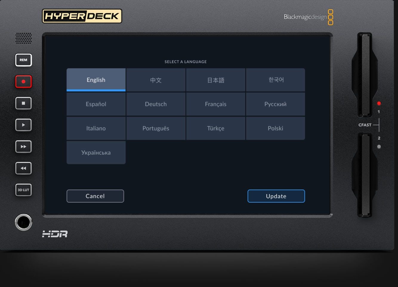HyperDeck Extreme 4K HDR – Izbornici na 13 jezika
