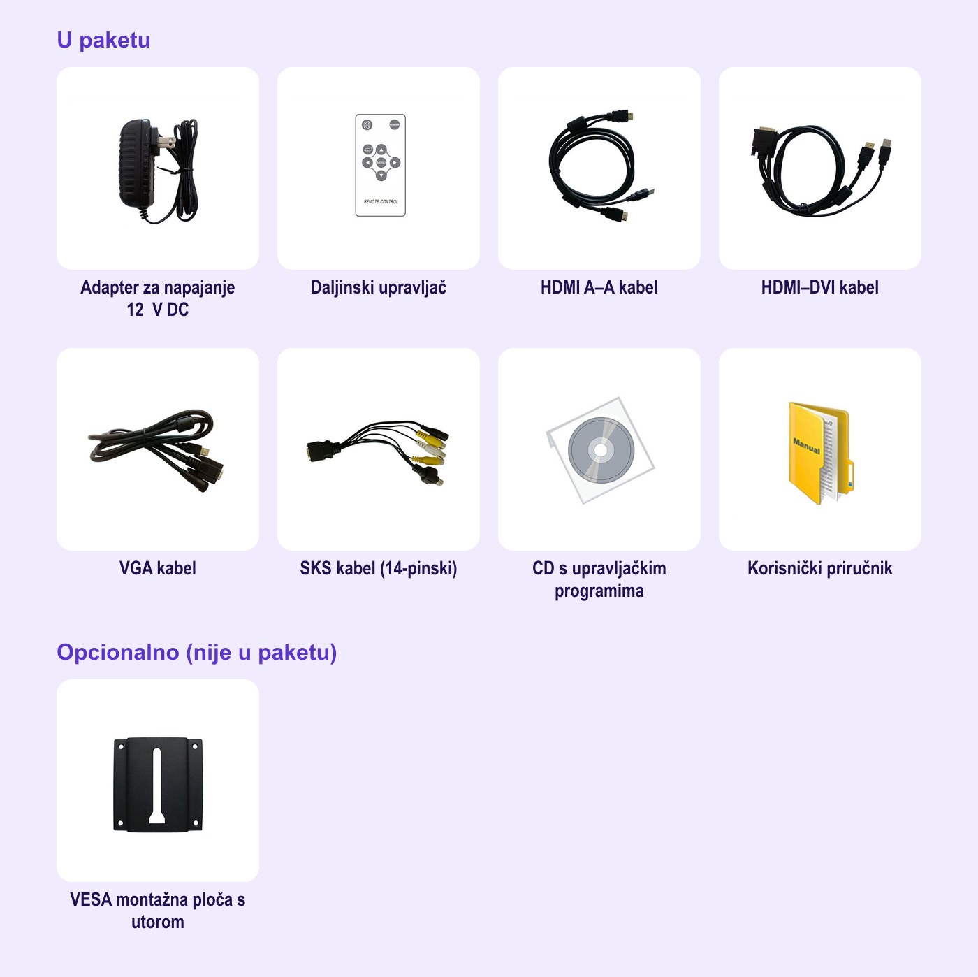 Lilliput FA1011-NP/C – Sadržaj paketa i opcionalni pribor