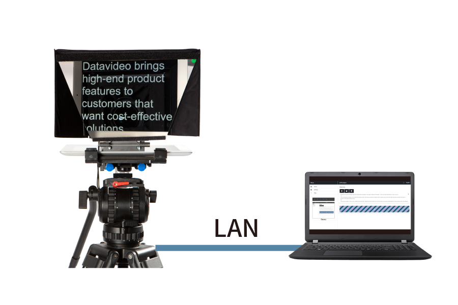 Teleprompter Datavideo TP-500 i prijenosno računalo za upravljanje scenarijem preko lokalne mreže