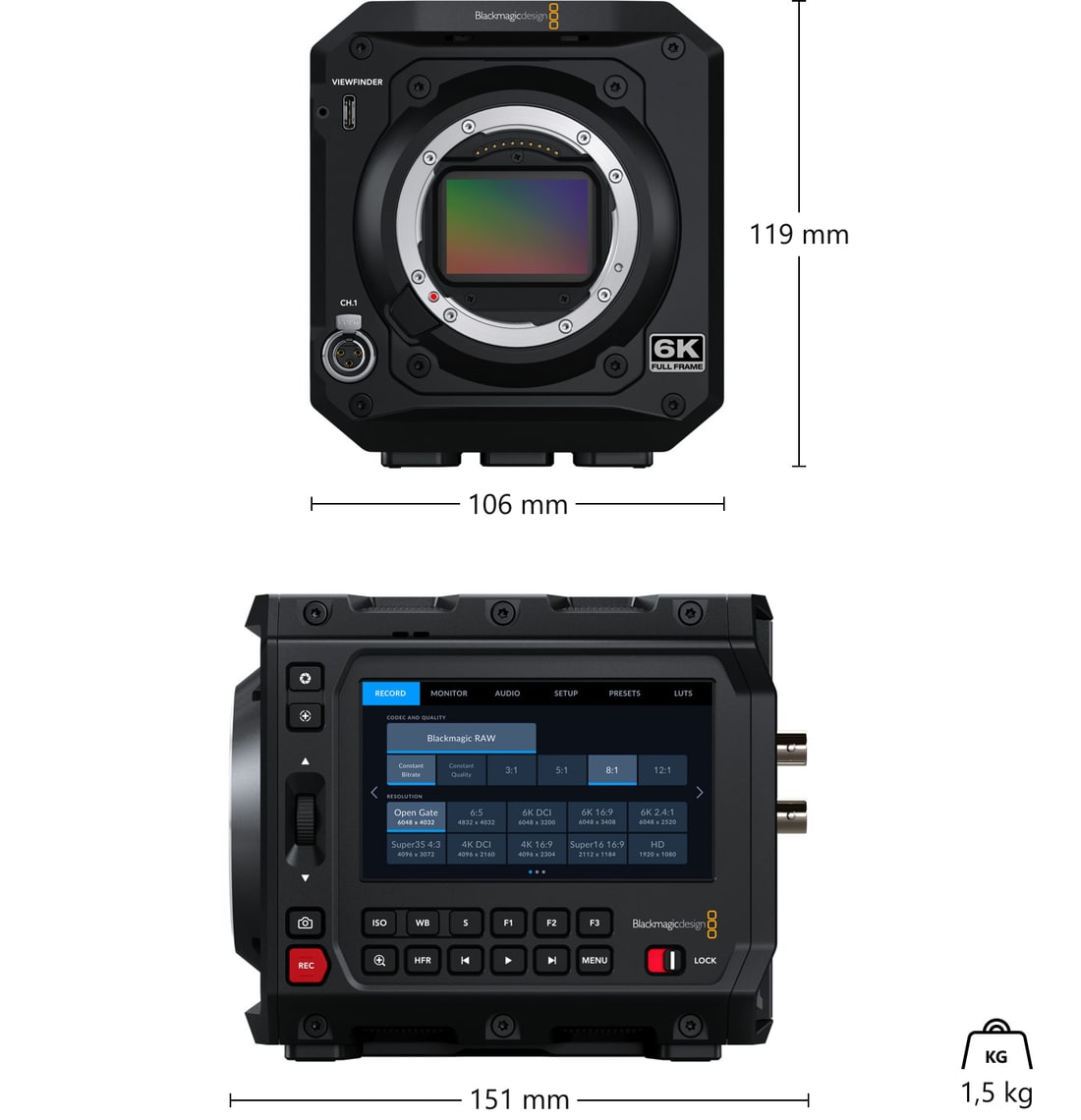 Blackmagic PYXIS 6K (L-Mount) – Dimenzije i masa