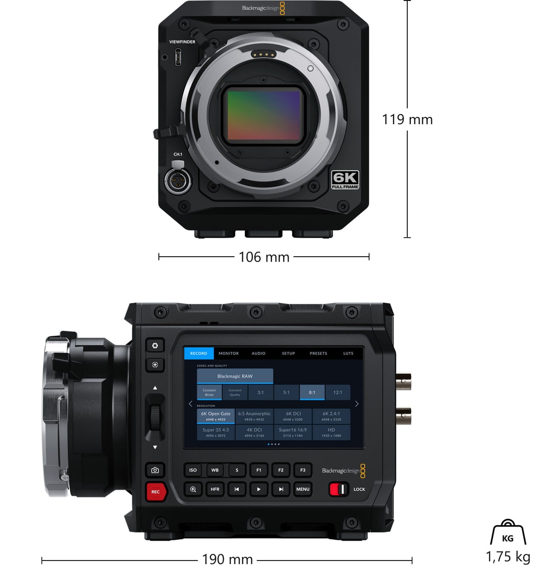 Blackmagic PYXIS 6K PL – Dimenzije i masa