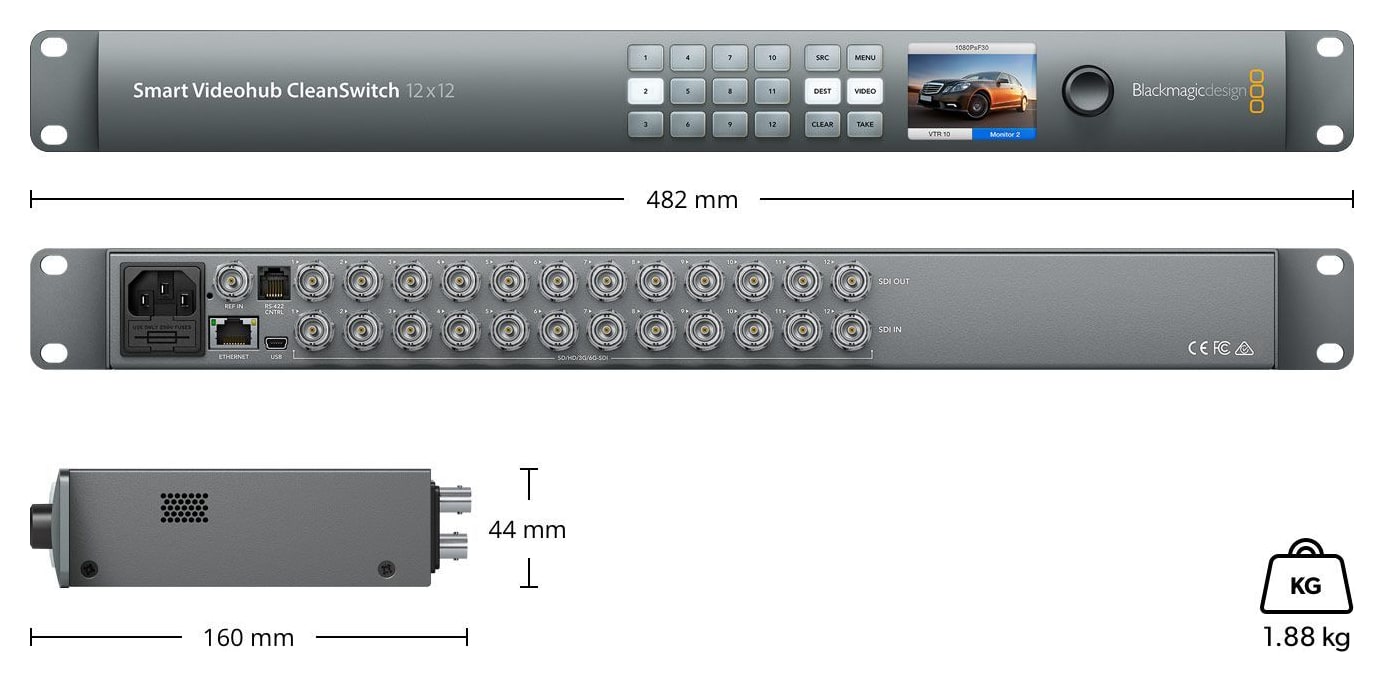 Blackmagic Smart Videohub CleanSwitch 12x12 – Dimenzije i masa