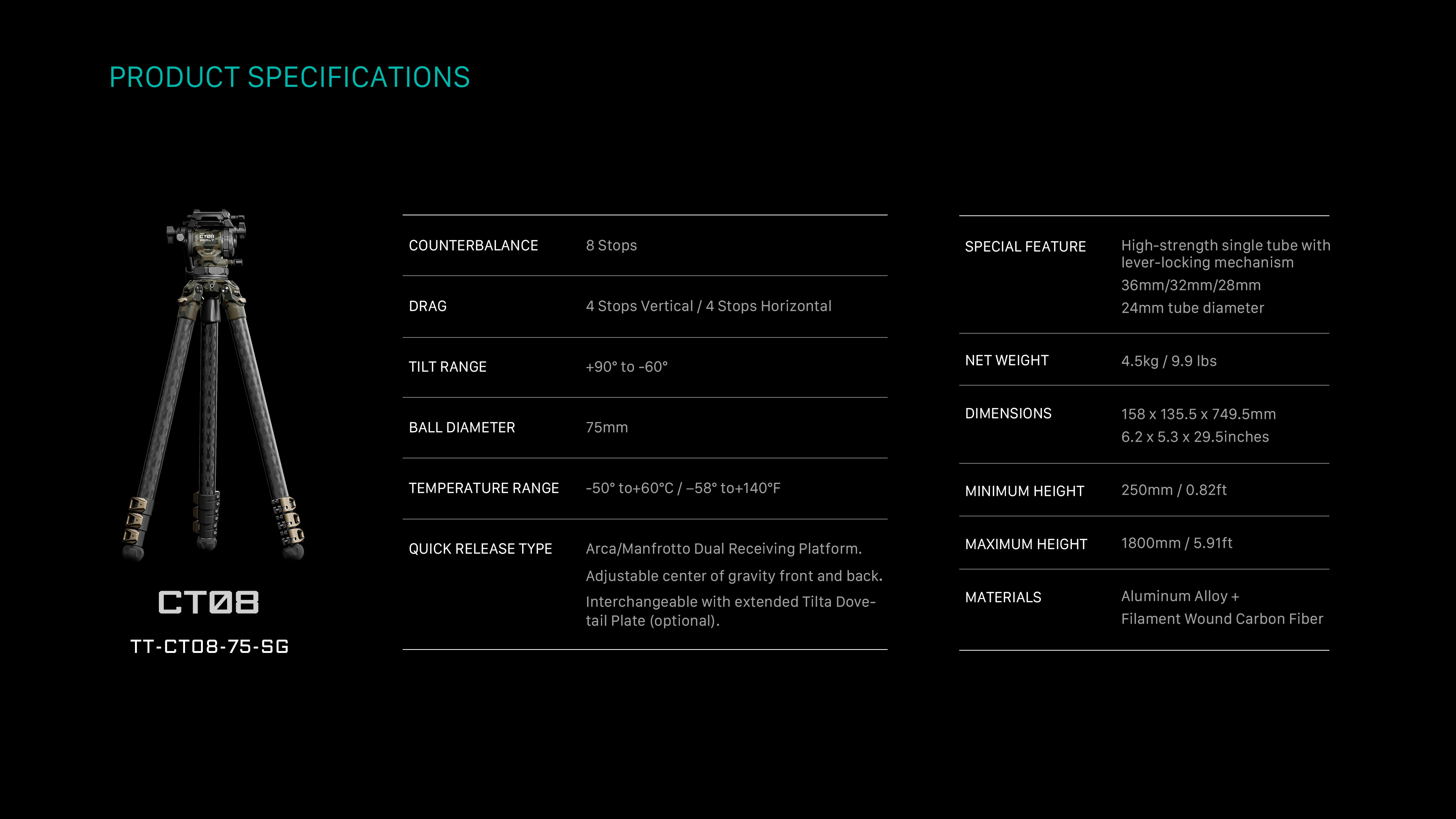 Tilta 75 mm Cine Fluid glava s trostupanjskim nogama stativa od karbonskih vlakana (8 kg) Tilta 75mm Cine Fluid Head with 3-Stage Carbon Fiber Tripod Legs (8KG)