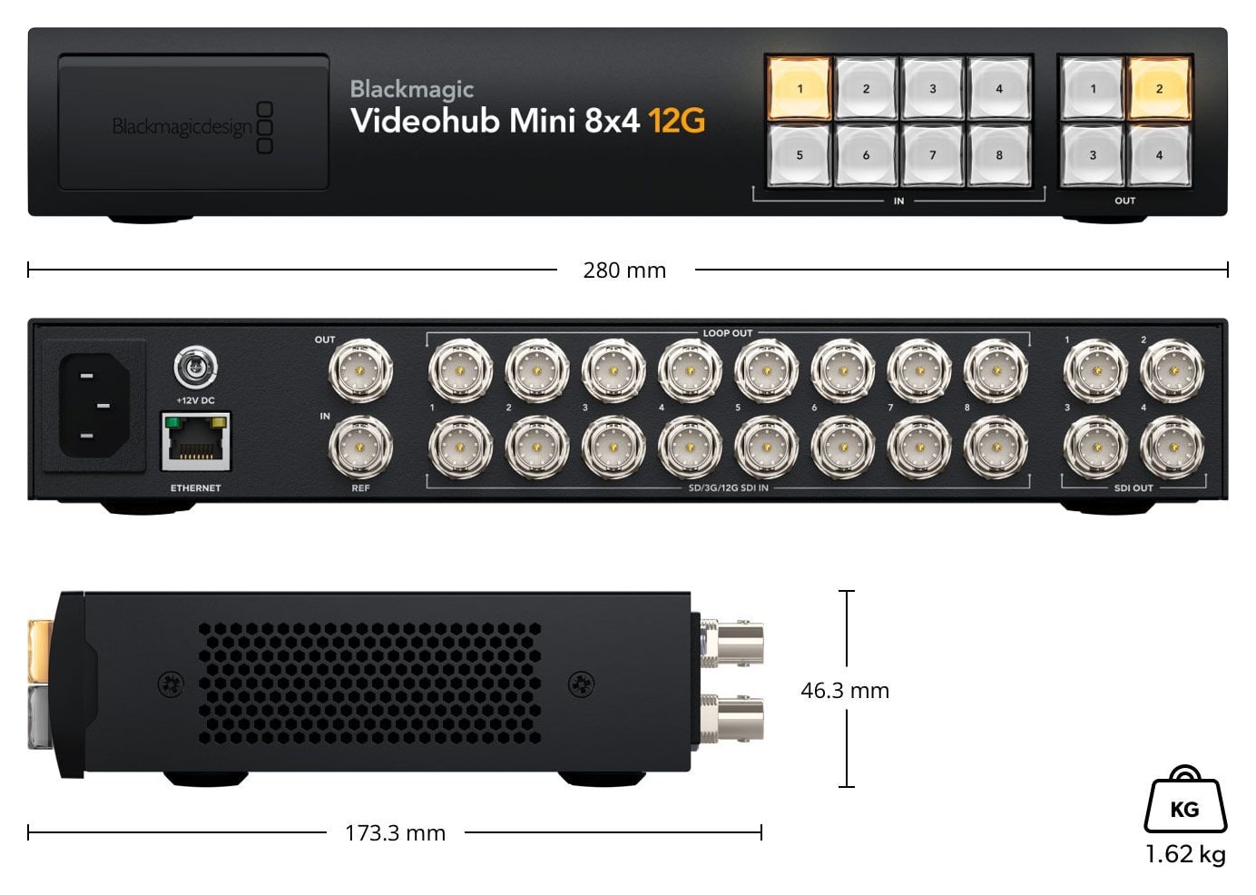 Blackmagic Videohub Mini 8x4 12G – Dimenzije i masa
