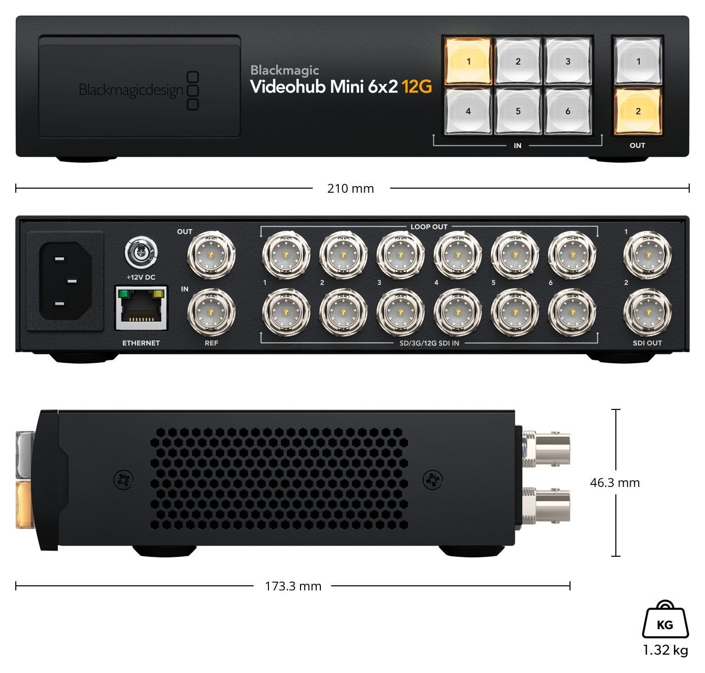 Blackmagic Videohub Mini 6x2 12G – Dimenzije i masa