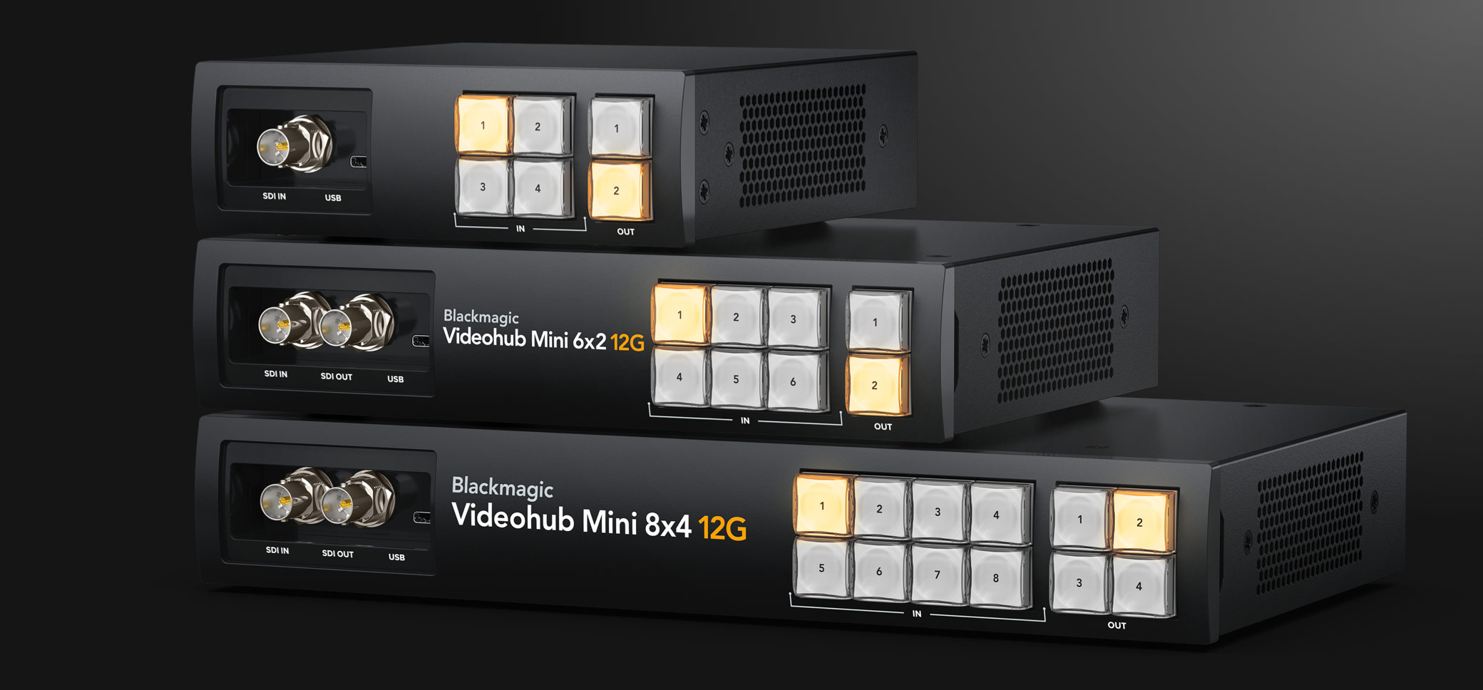 Obitelj Blackmagic Videohub Mini – modeli i prednje upravljanje