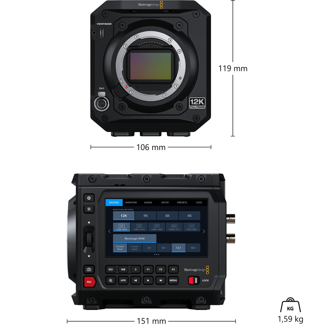 Blackmagic PYXIS 12K (L-Mount) – Dimenzije i masa