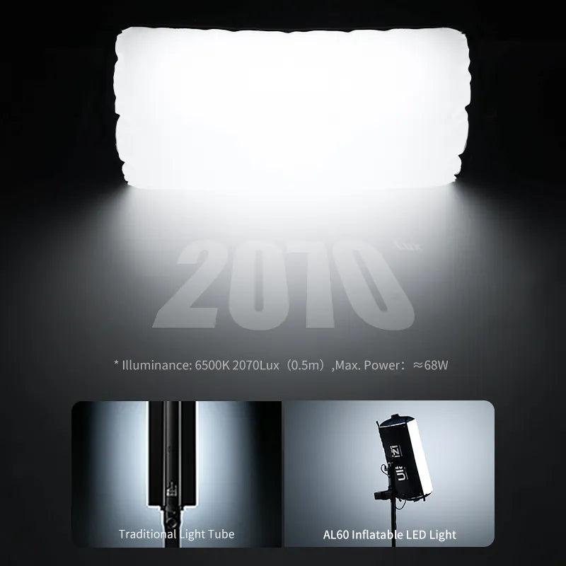 Ulanzi AL60 LED zračna cijevna svjetiljka, 6500K 2070Lux, u usporedbi s tradicionalnom rasvjetom.