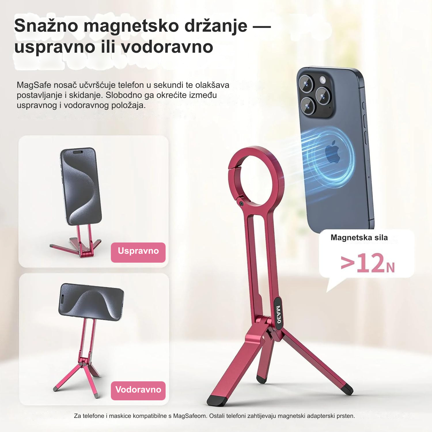 Snažno magnetsko držanje — uspravno ili vodoravno