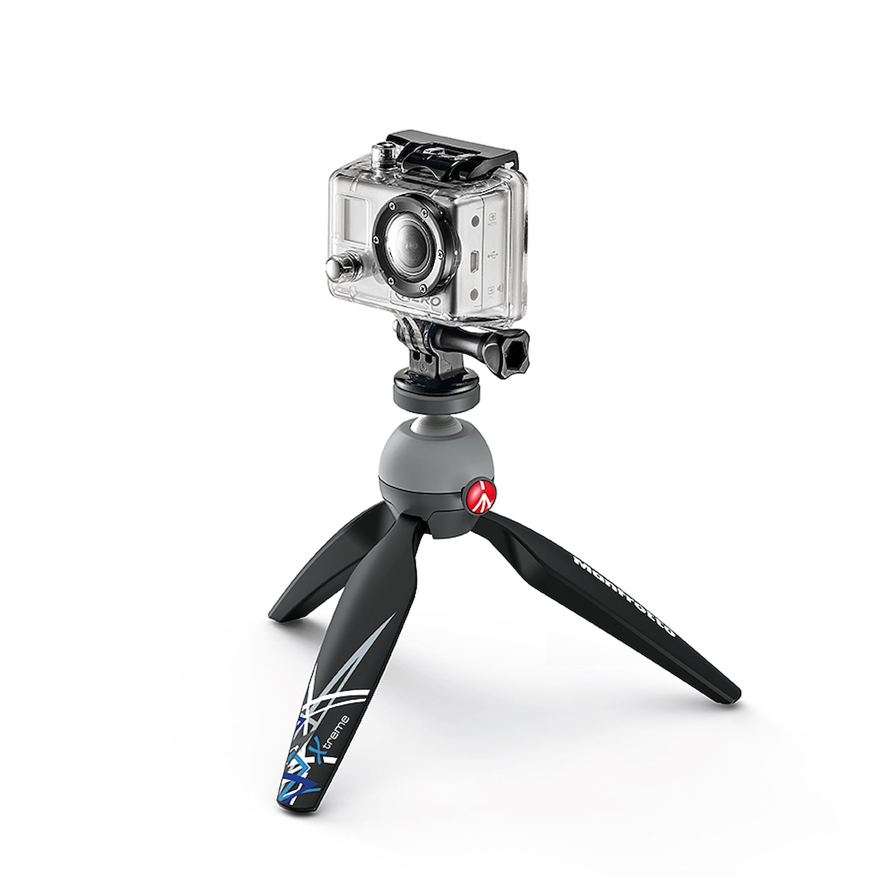 PIXI Xtreme na stolu s ilustrativnom GoPro kamerom koja nije uključena