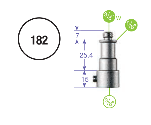 Tehnički crtež Manfrotto 182: vanjski navoj3/8 inča W,klin5/8 inča i glatka čahura 3/8 inča