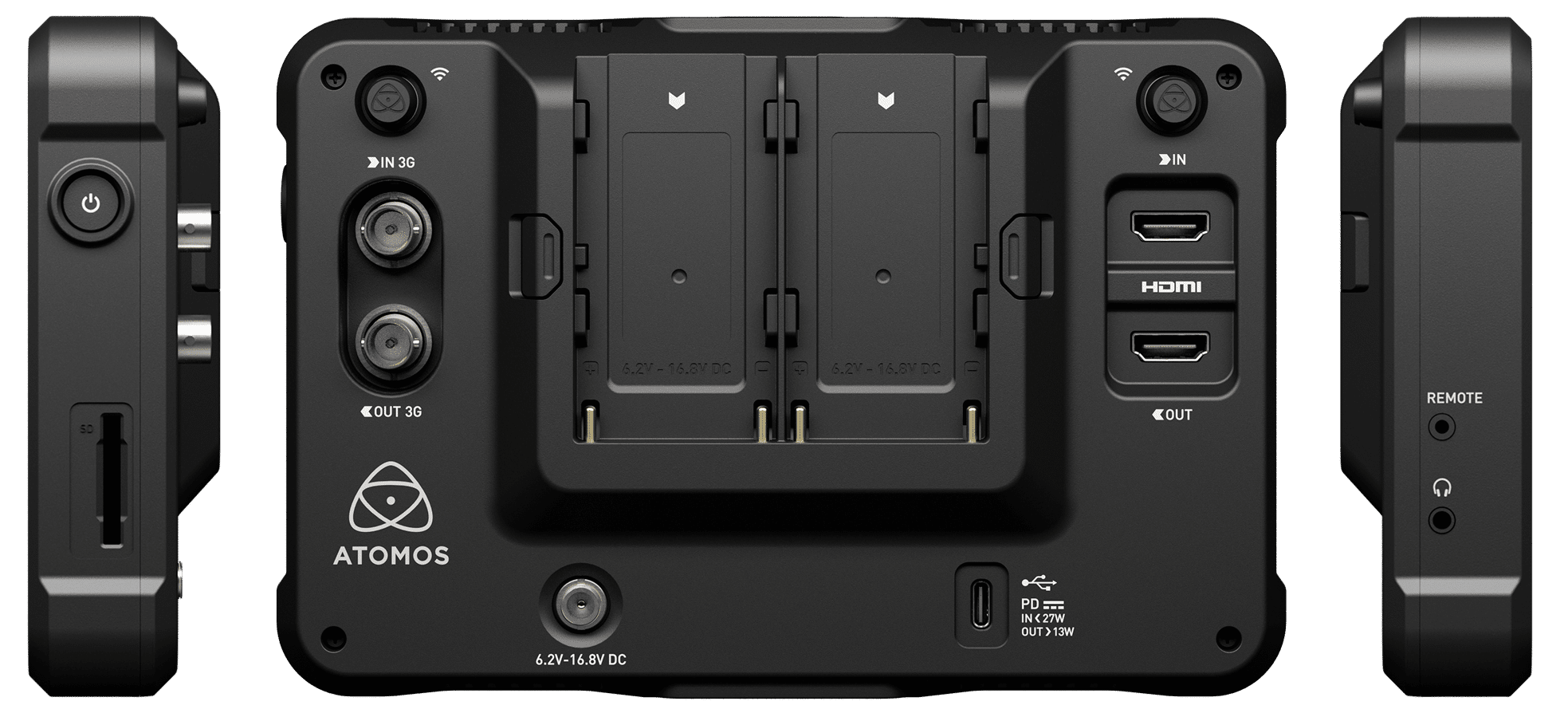 Stražnji priključci i dva NP-F utora monitora Atomos Shinobi 7 RX