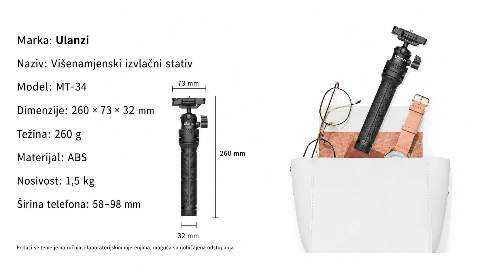 Česká infografika Ulanzi MT-34 s rozměry, hmotností a nosností