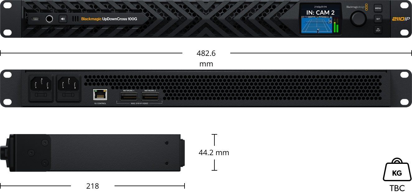 Dimenzije i 1RU izvedba uređaja Blackmagic UpDownCross 100G