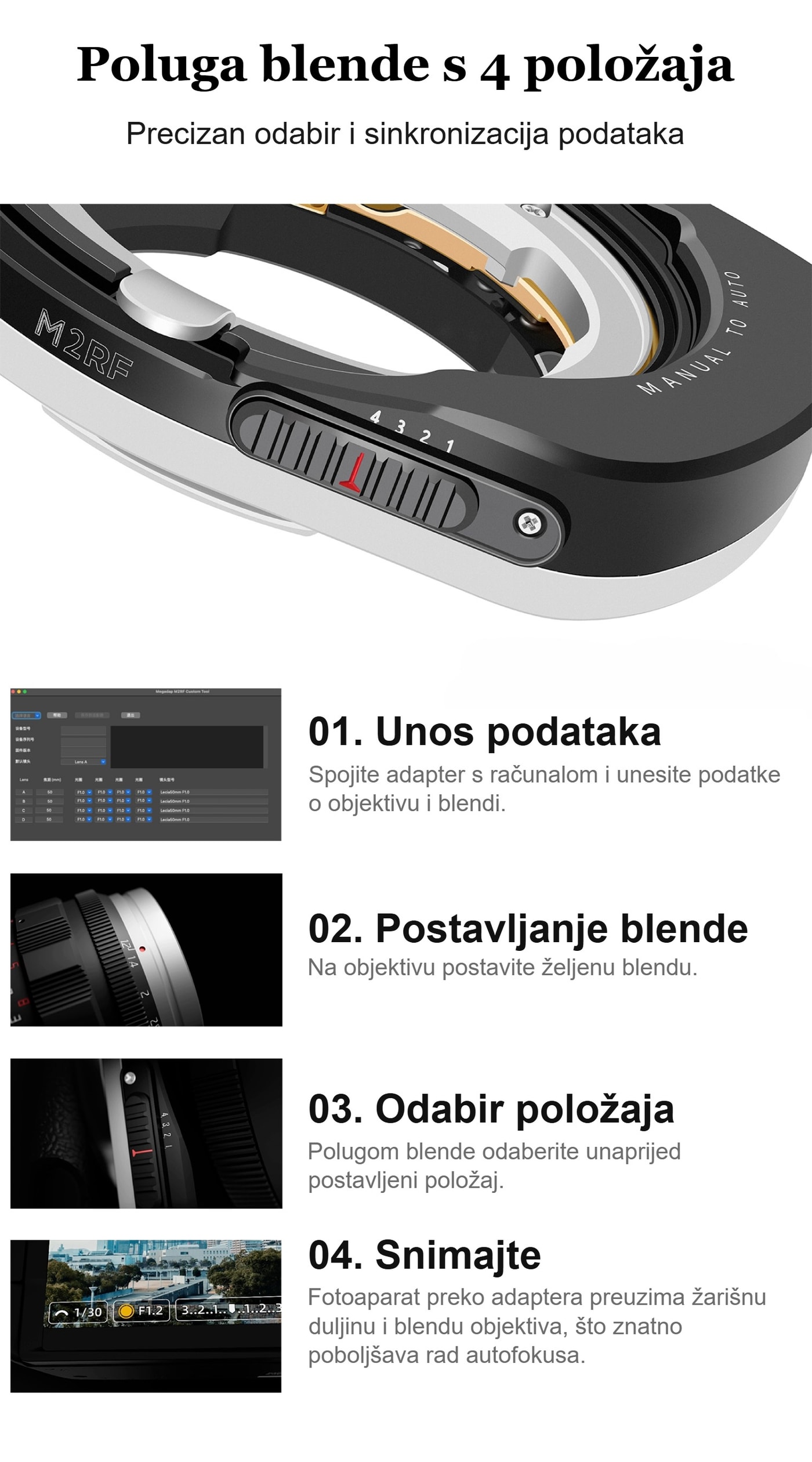 Megadap M2RF – Blenda se postavlja na objektivu, adapter je prenosi fotoaparatu
