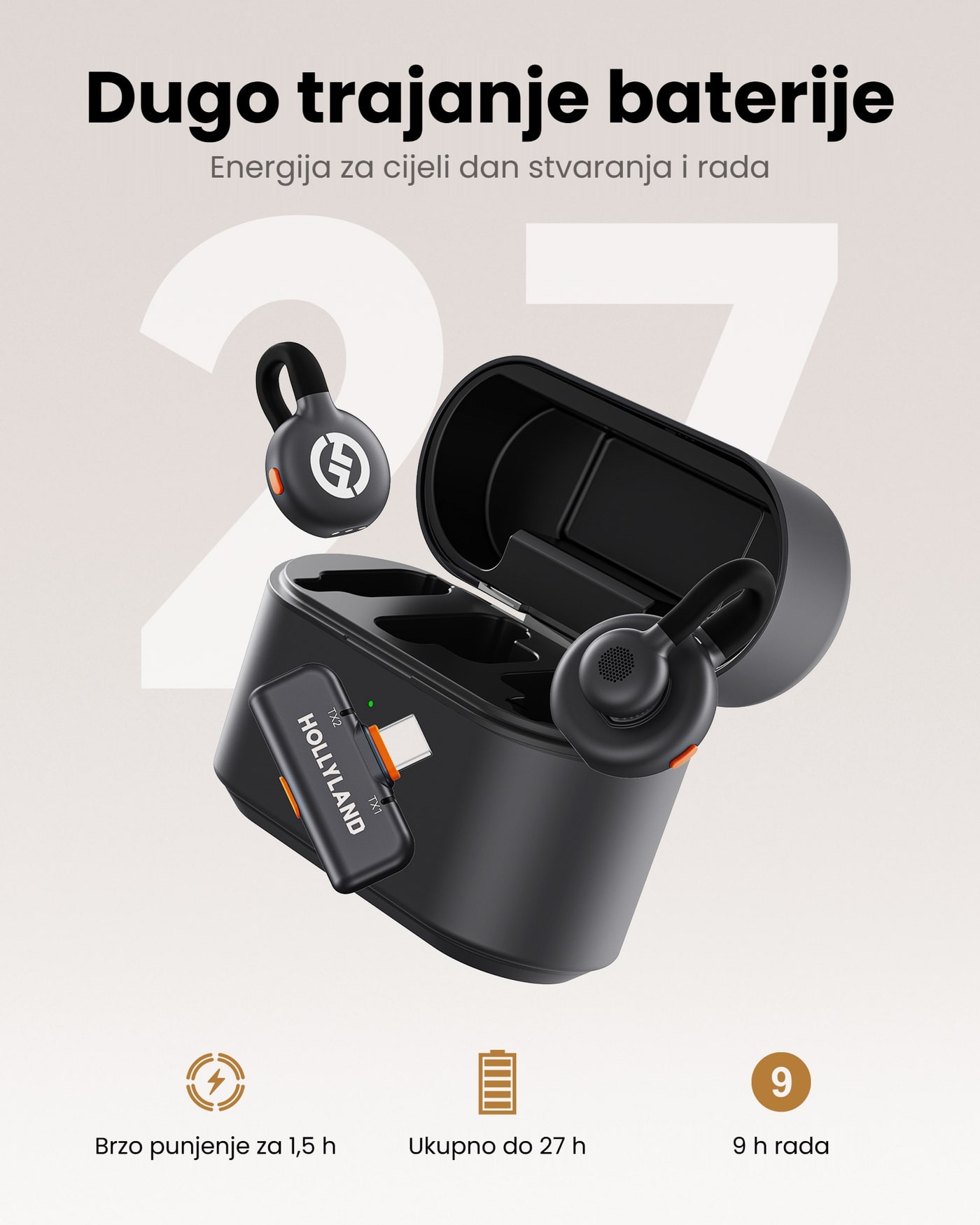 Hollyland LARK M2S kutija za punjenje Mobile (Space Gray) – Trajanje s kutijom