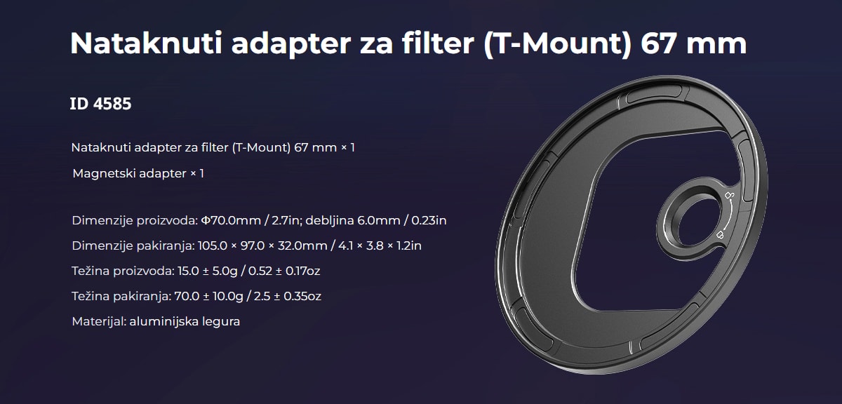 SmallRig 4727 Attachable CPL Filter with M-mount Filter Adapter 67mm