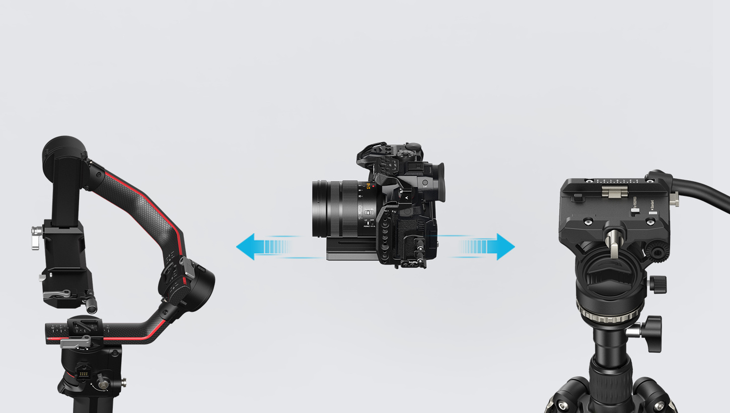 Prima brzoizmjenjive pločice DJI RS 2 / RS 3 / RS 3 Pro i Manfrotto, pa između gimbala i stativa prelaziš bez prepravljanja