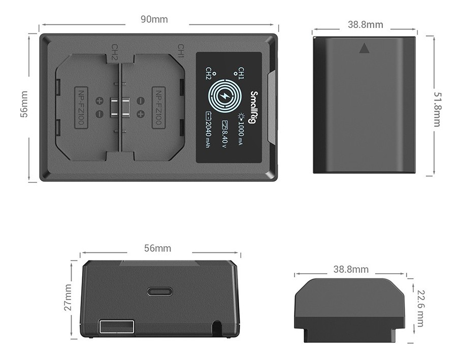 SmallRig NP-FZ100 Camera Battery and Charger Kit 3824B – Kompaktne dimenzije