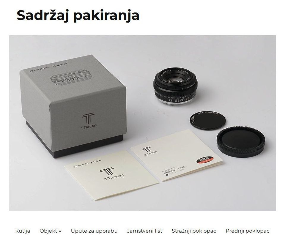 TTArtisan APS-C 25mm F2 – Sadržaj kutije