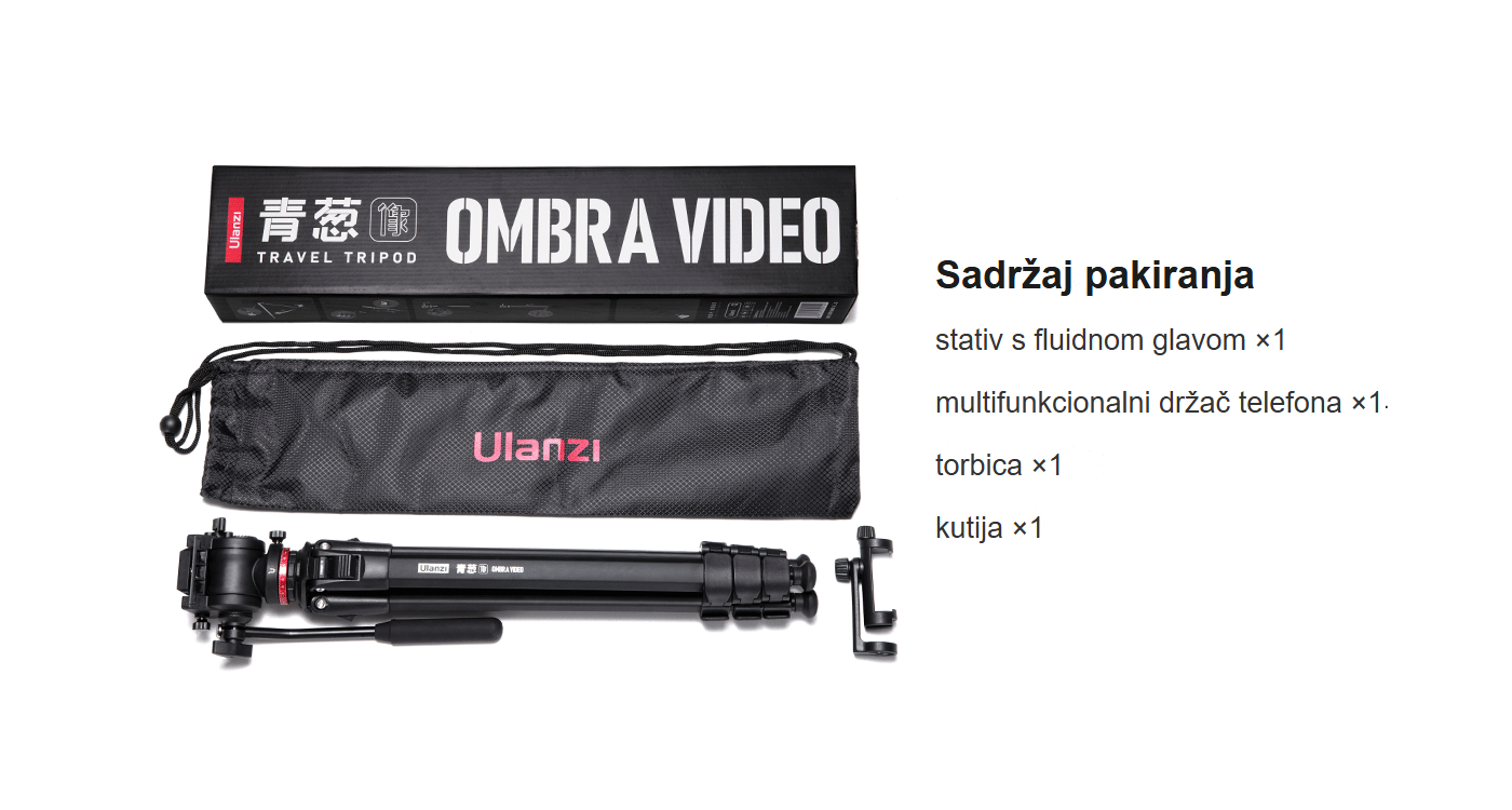Ulanzi Ombra Video cestovní stativ – Obsah balení