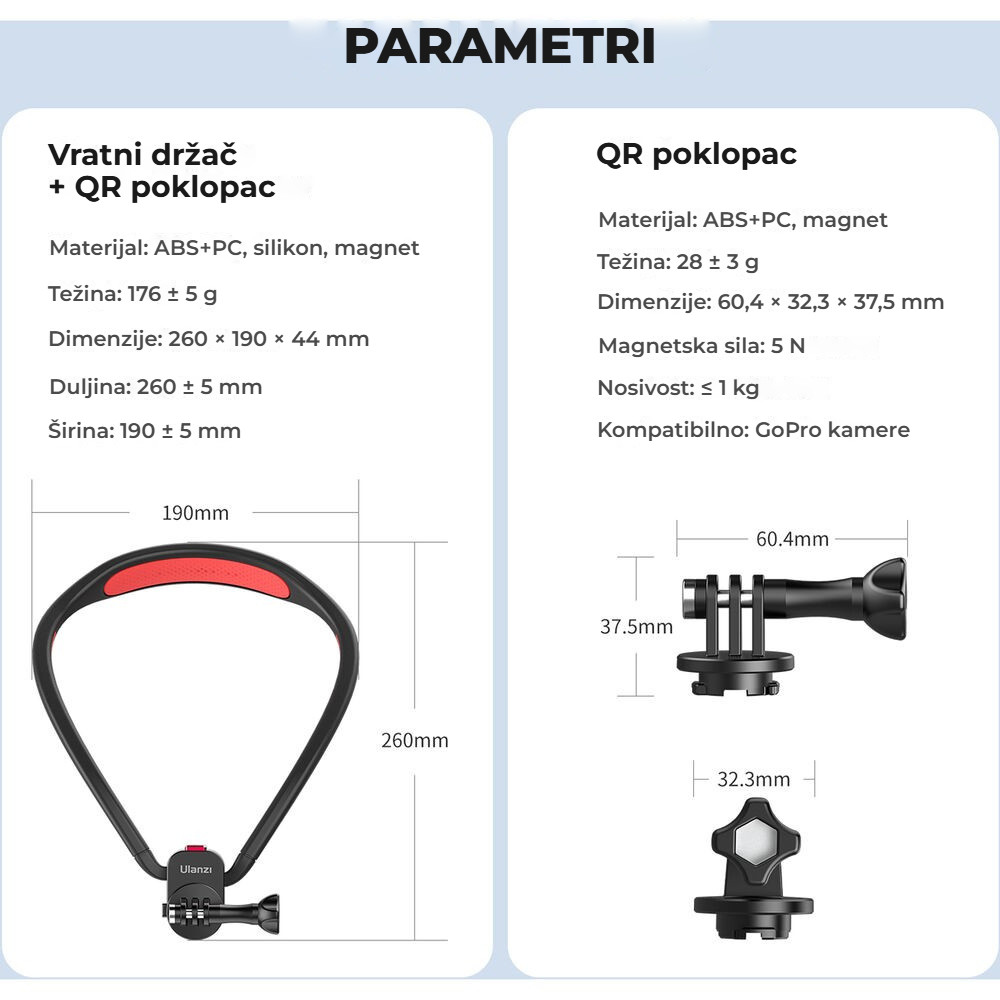 Ulanzi Go-Quick II krční držák pro akční kameru – Rozměry a parametry