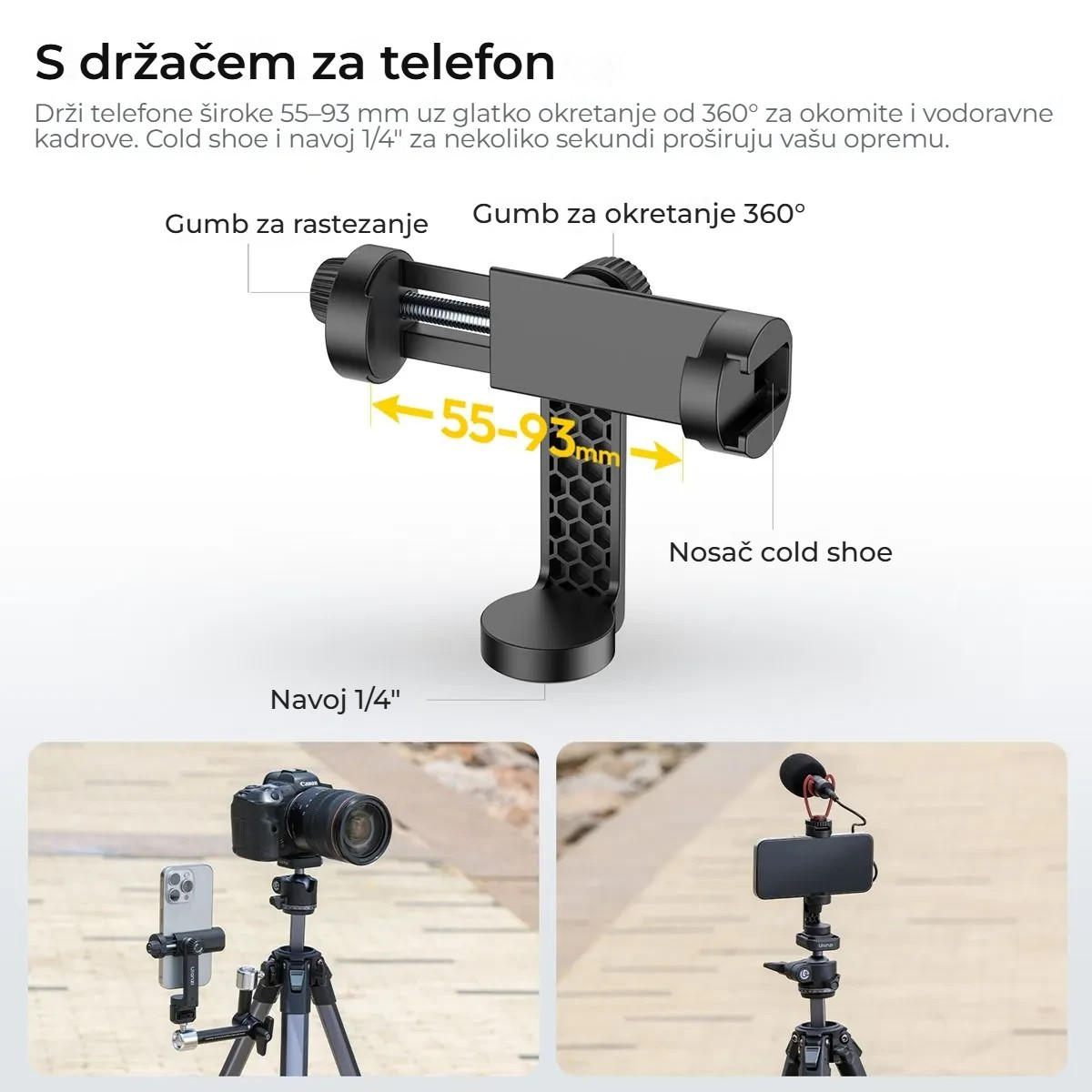 Ulanzi OMBRA II YING cestovní stativ černý – Držák telefonu v balení