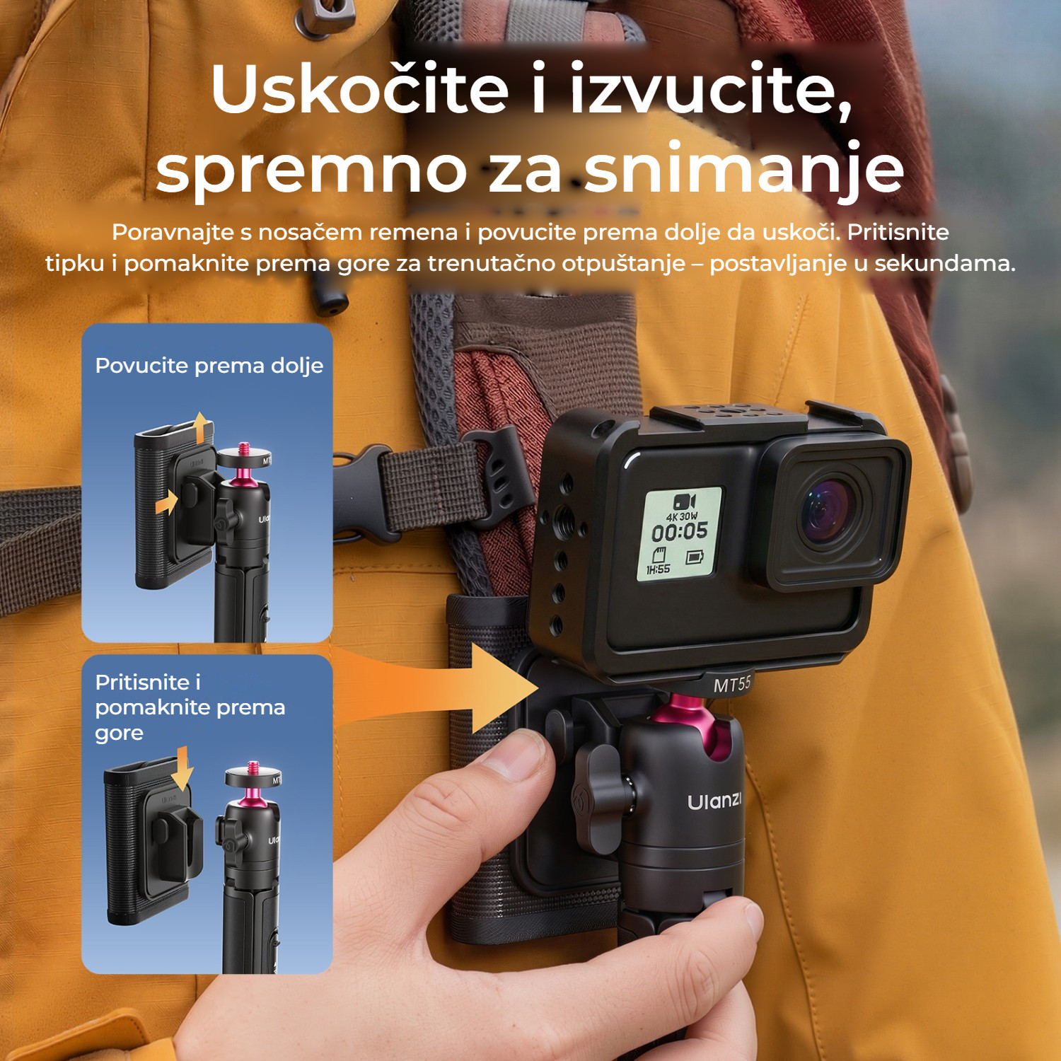 Ulanzi MT55 SnapGo ministativ a selfie tyč s uchycením 1/4″ – Zacvaknout na popruh a vysunout