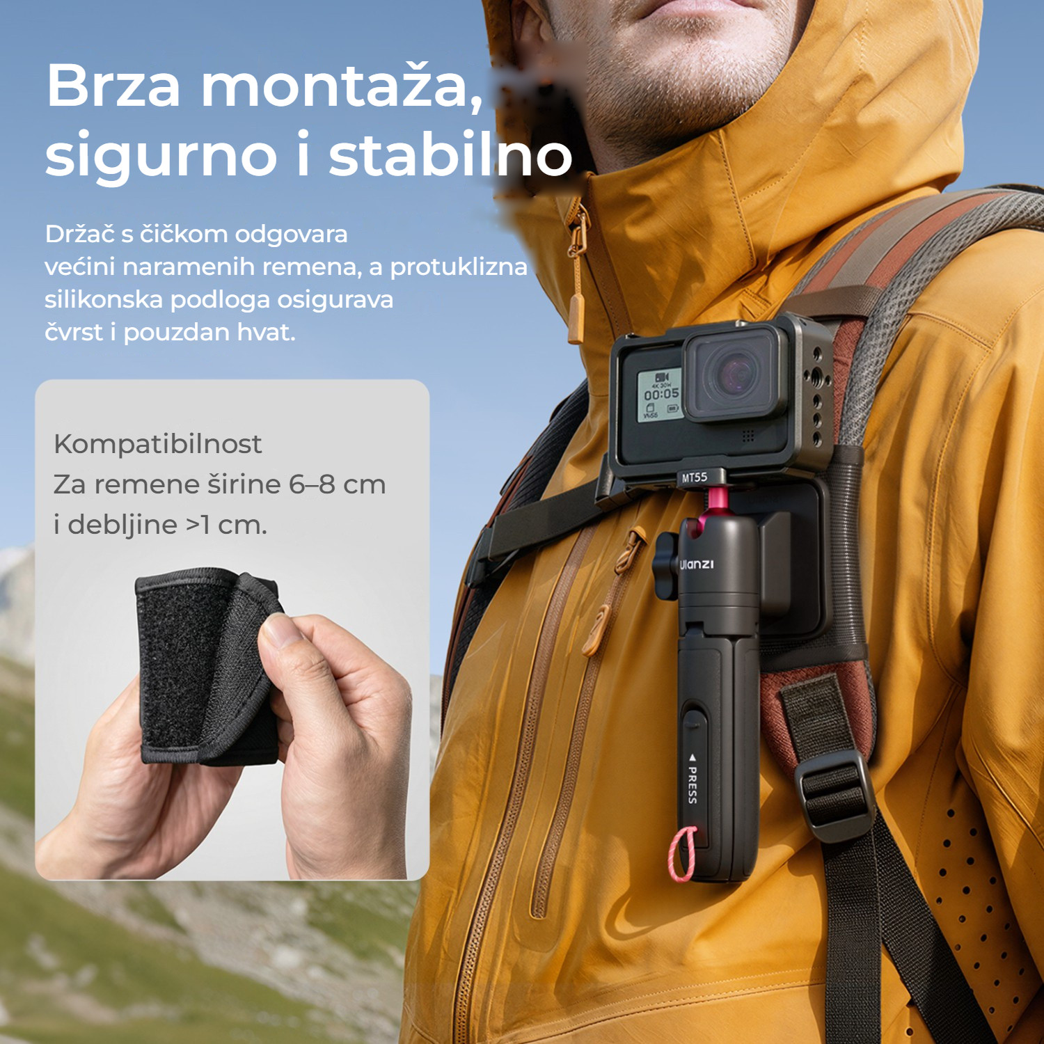 Ulanzi MT55 SnapGo ministativ a selfie tyč s uchycením 1/4″ – Suchý zip a protiskluzová vrstva