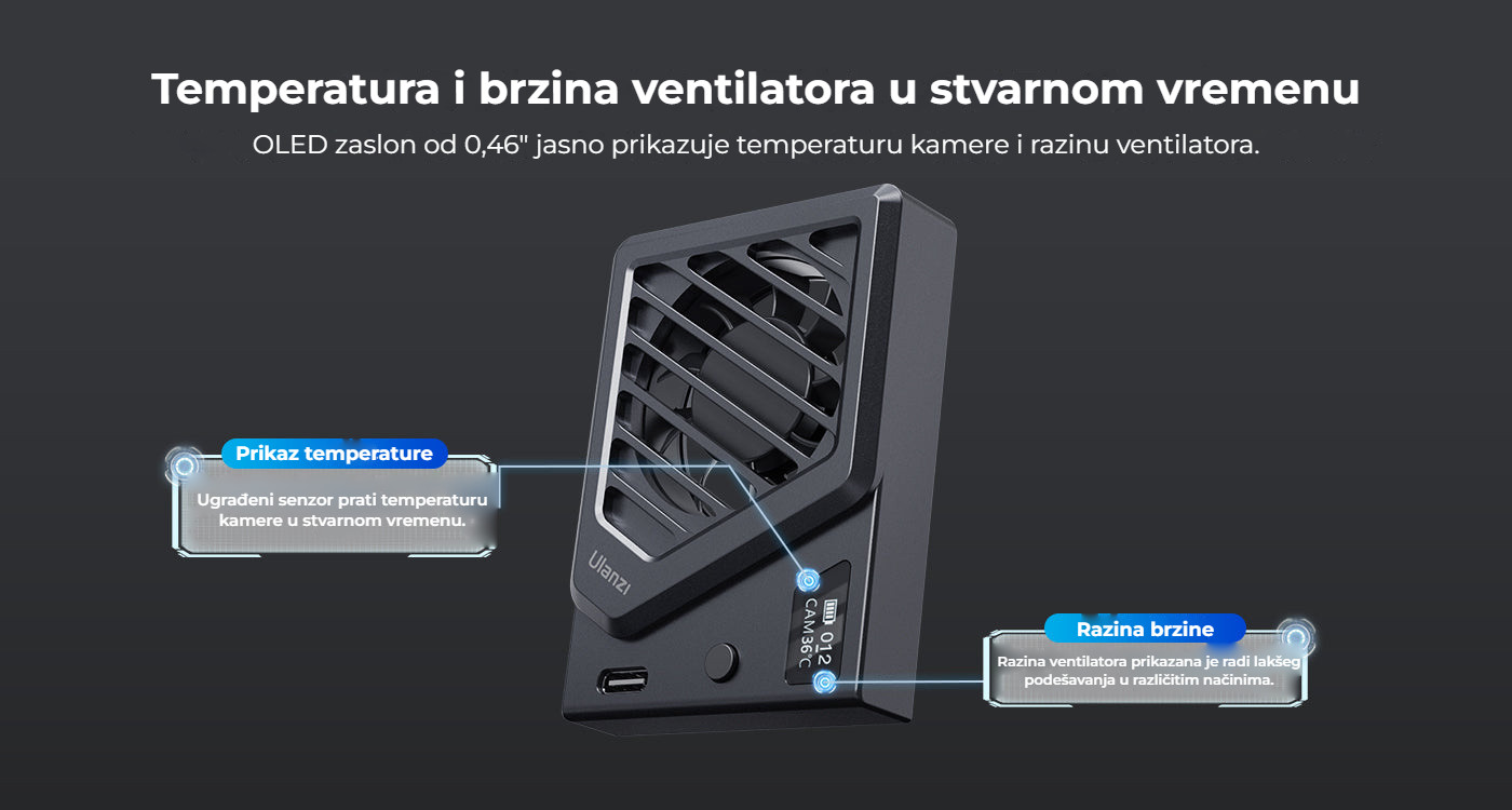 Ulanzi CA25 chladicí ventilátor pro fotoaparáty – OLED displej v reálném čase