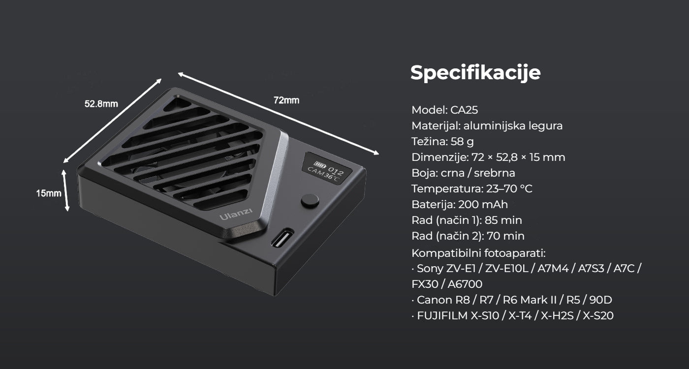 Ulanzi Camera Cooling Fan V3 stříbrný – Rozměry a kompatibilita