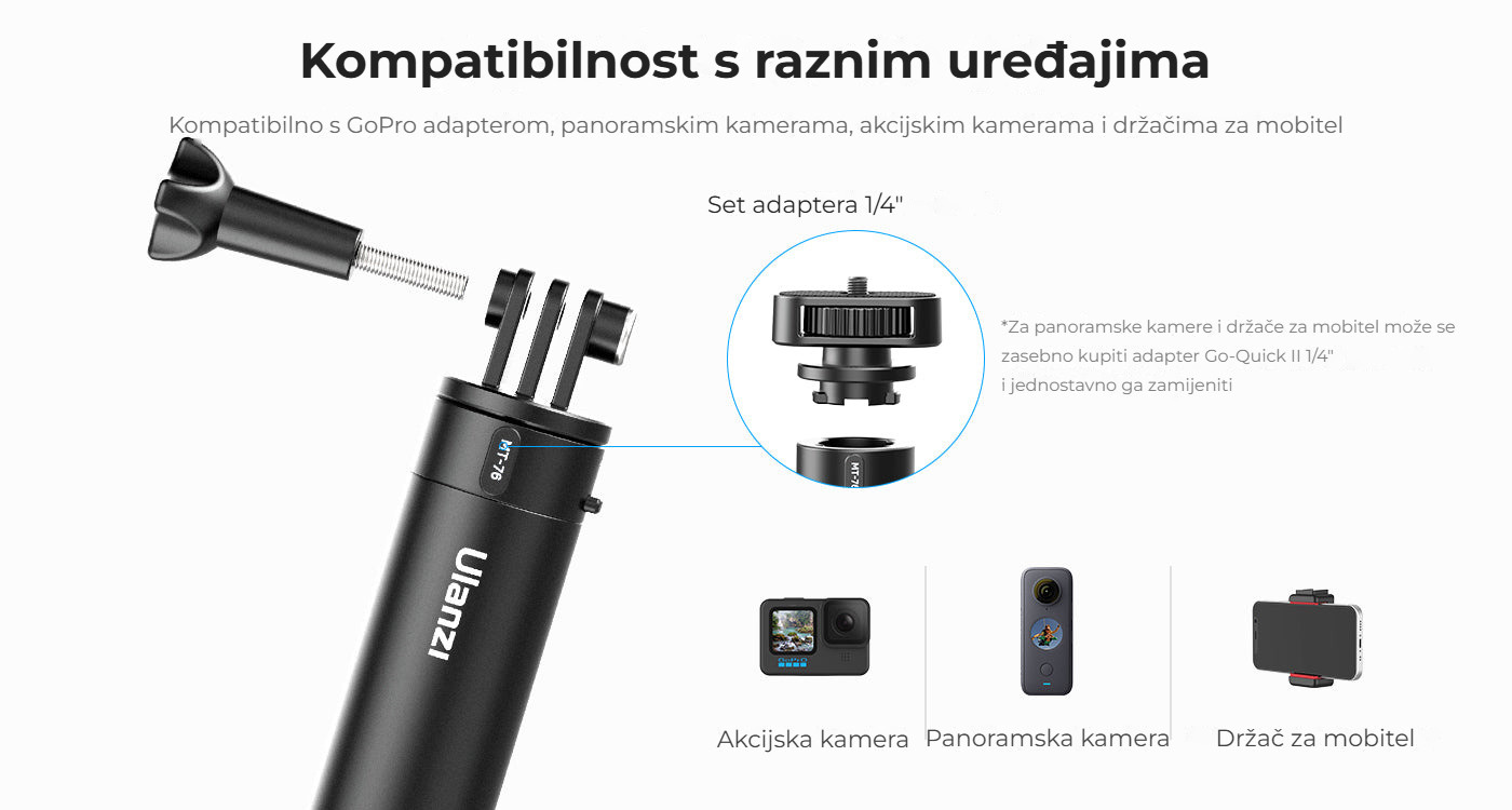 Ulanzi MT-76 Go-Quick II selfie tyč 1,5 m – Kompatibilní s kamerami i telefony