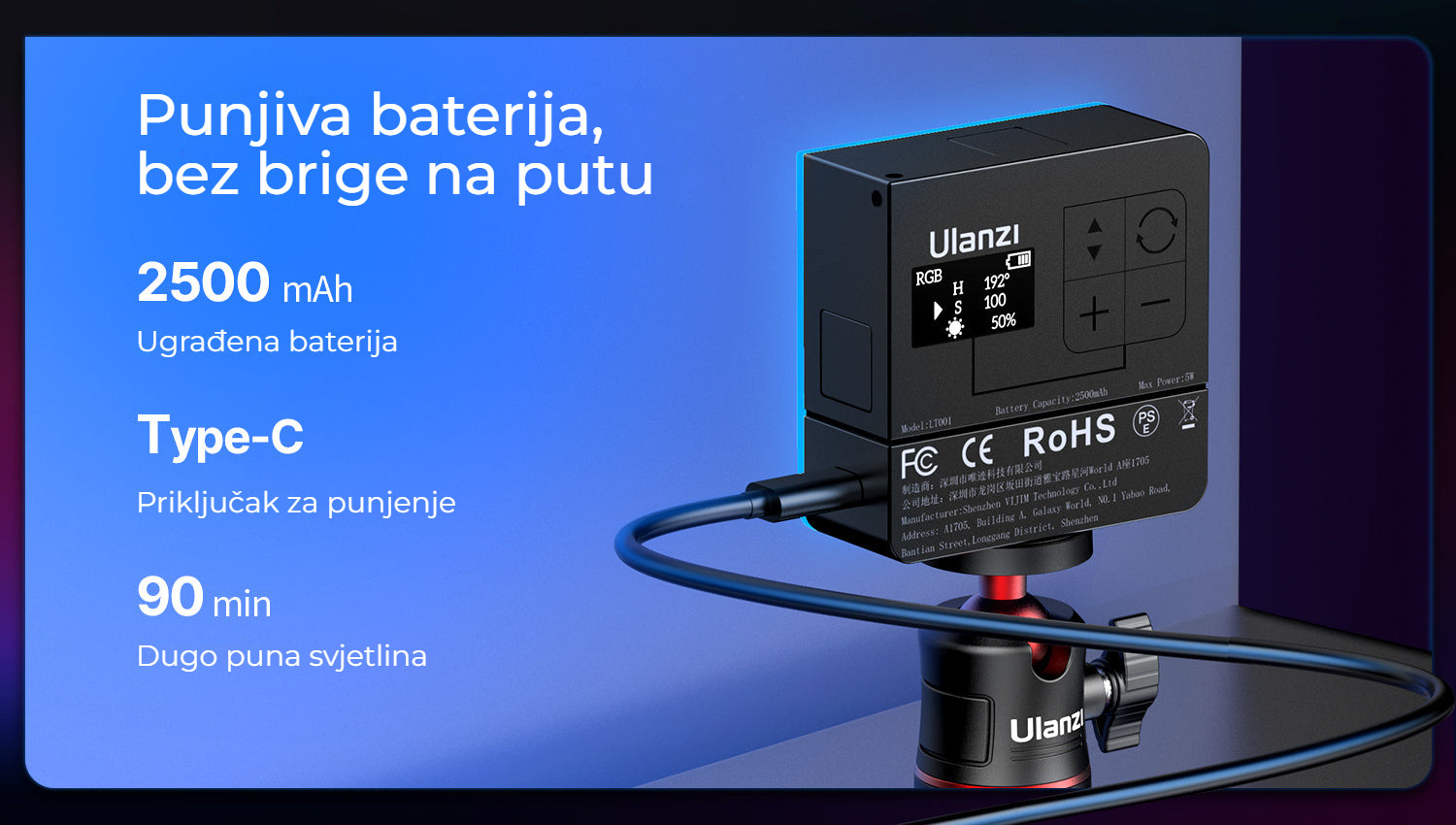 Ulanzi VL49 Pro RGB – Baterie 2500 mAh a USB-C