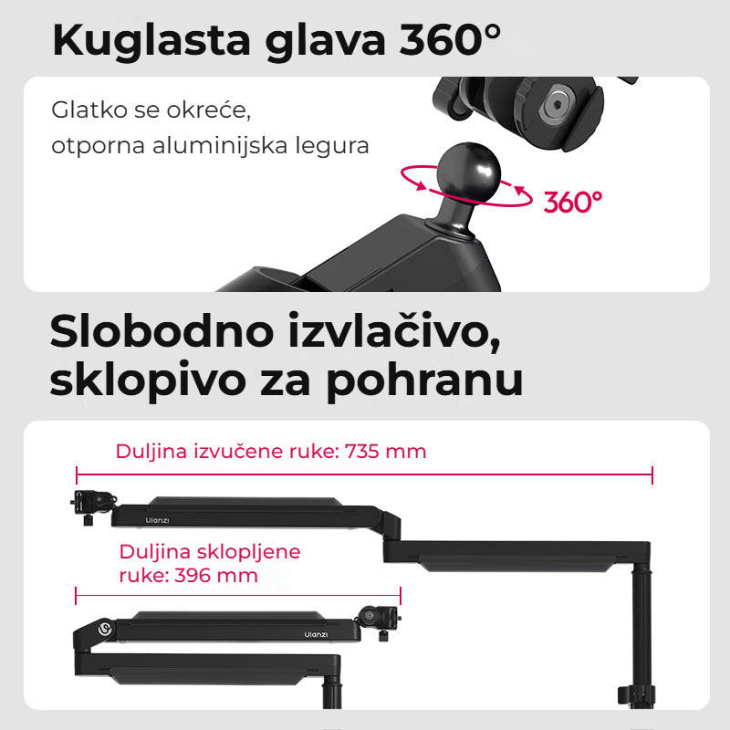 Ulanzi ZJ05 Lift – Kulová hlava a skládací rameno